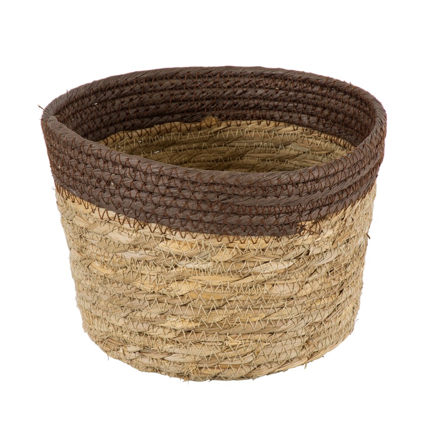 Τεχνητός Κήπος LEFKADA  Διακοσμητικό Πλεκτό Καλάθι - Κασπώ Γλάστρα -  Μπεζ με Καφέ Φ22cm x Υ15cm
