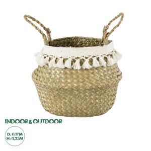 Τεχνητός Κήπος MILOS  Διακοσμητικό Ψάθινο Καλάθι - Κασπώ Γλάστρα -  Μπεζ με Μακραμέ Φ17cm x Υ23cm
