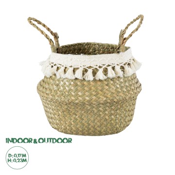 Τεχνητός Κήπος MILOS  Διακοσμητικό Ψάθινο Καλάθι - Κασπώ Γλάστρα -  Μπεζ με Μακραμέ Φ17cm x Υ23cm