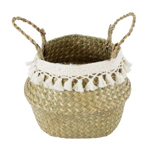 Τεχνητός Κήπος MILOS  Διακοσμητικό Ψάθινο Καλάθι - Κασπώ Γλάστρα -  Μπεζ με Μακραμέ Φ17cm x Υ23cm