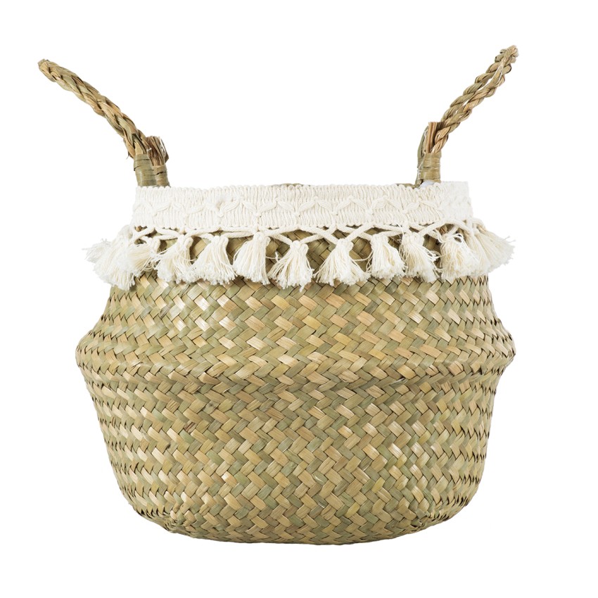 Τεχνητός Κήπος MILOS  Διακοσμητικό Ψάθινο Καλάθι - Κασπώ Γλάστρα -  Μπεζ με Μακραμέ Φ17cm x Υ23cm