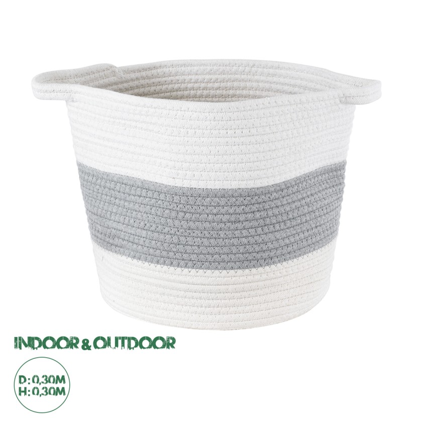 Τεχνητός Κήπος KEFALONIA  Διακοσμητικό Πλεκτό Καλάθι - Κασπώ Γλάστρα -  Γκρι με Λευκό Φ30cm x Υ30cm