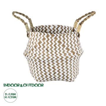 Τεχνητός Κήπος IOS  Διακοσμητικό Ψάθινο Καλάθι - Κασπώ Γλάστρα -  Καφέ με Λευκό Φ18cm x Υ20cm