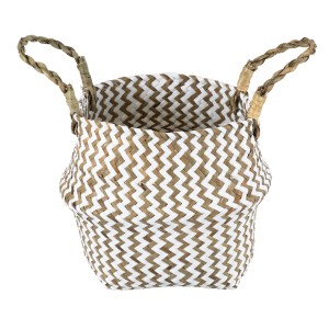 Τεχνητός Κήπος IOS  Διακοσμητικό Ψάθινο Καλάθι - Κασπώ Γλάστρα -  Καφέ με Λευκό Φ18cm x Υ20cm