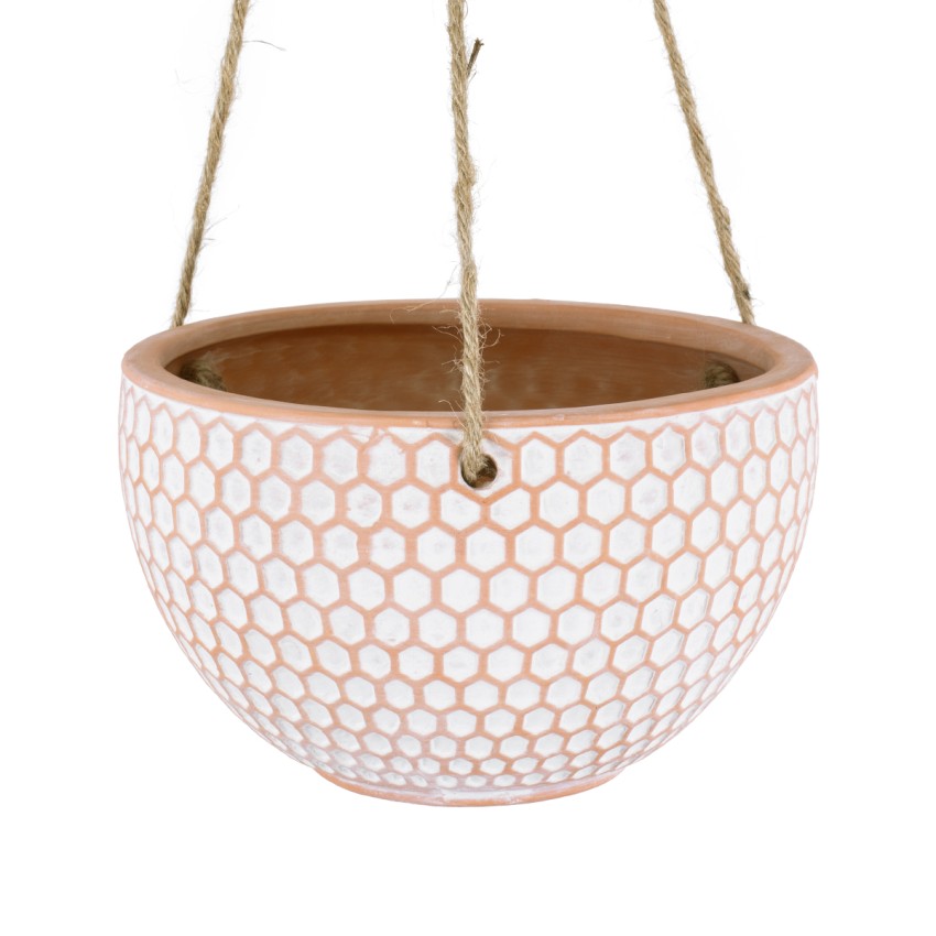 Τεχνητός Κήπος CHIOS  Κρεμαστό Πήλινο Κεραμικό Κασπώ Γλάστρα -  Κεραμιδί με Λευκό Φ19.5cm x Υ11.5cm