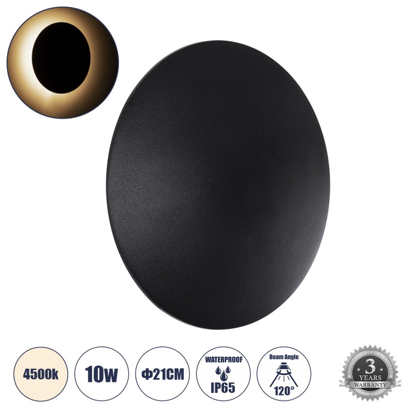 HELIO-R  Φωτιστικό Τοίχου - Απλίκα Αρχιτεκτονικού Φωτισμού Εσωτερικού/Εξωτερικού Χώρου LED 10W 1200lm 120° x 360° AC 220-240V Αδιάβροχο IP65 Φ21 x Π5cm - Φυσικό Λευκό 4500K - Μαύρο - Στρόγγυλο - Bridgelux Chip
