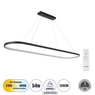 GLOBOSTAR® BOLIVAR  Μοντέρνο Κρεμαστό Φωτιστικό Οροφής LED 54W 6210lm 360° AC 220-240V IP20 Ρυθμιζόμενο Λευκό CCT με Χειριστήριο από 2700K έως 6000K Dimmable - Lumileds SMD Chip - Μαύρο Ματ - Μ120 x Π30 x Υ2cm