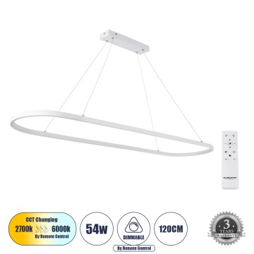 GLOBOSTAR® BOLIVAR  Μοντέρνο Κρεμαστό Φωτιστικό Οροφής LED 54W 6210lm 360° AC 220-240V IP20 Ρυθμιζόμενο Λευκό CCT με Χειριστήριο από 2700K έως 6000K Dimmable - Lumileds SMD Chip - Λευκό Ματ - Μ120 x Π30 x Υ2cm