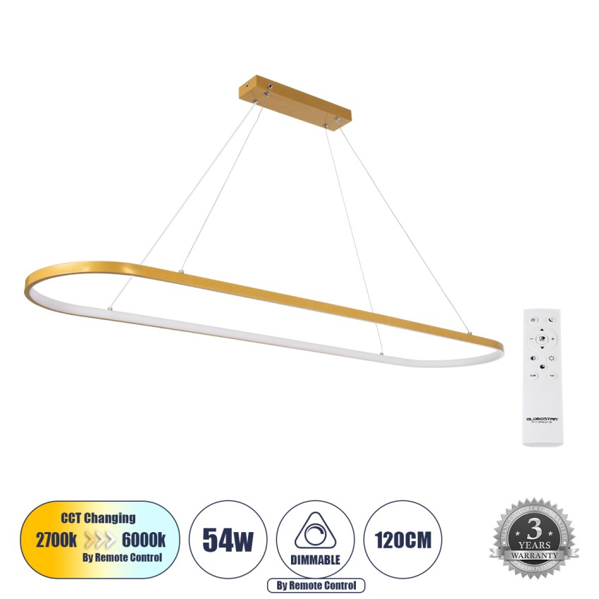 GLOBOSTAR® BOLIVAR  Μοντέρνο Κρεμαστό Φωτιστικό Οροφής LED 54W 6210lm 360° AC 220-240V IP20 Ρυθμιζόμενο Λευκό CCT με Χειριστήριο από 2700K έως 6000K Dimmable - Lumileds SMD Chip - Χρυσό Βούρτσας - Μ120 x Π30 x Υ2cm
