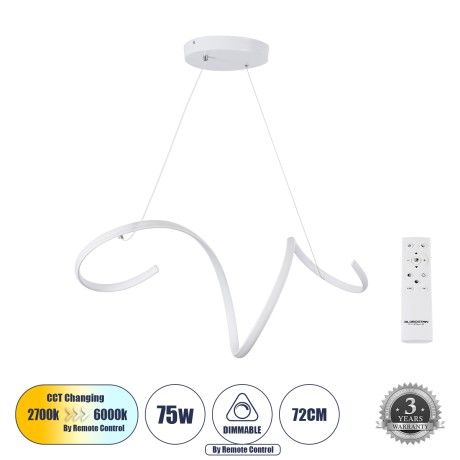 SPIRALE  Κρεμαστό Φωτιστικό Οροφής Design LED CCT 75W 8400lm 300° AC 220-240V - Εναλλαγή Φωτισμού μέσω Τηλεχειριστηρίου All In One Ψυχρό 6000k+Φυσικό 4500k+Θερμό 2700k Dimmable Μ72 x Π25 x Υ30cm - Λευκό