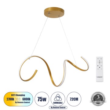GLOBOSTAR® SPIRALE  Μοντέρνο Κρεμαστό Φωτιστικό Οροφής LED 75W 8400lm 300° AC 220-240V IP20 Ρυθμιζόμενο Λευκό CCT με Χειριστήριο από 2700K έως 6000K Dimmable - Lumileds SMD Chip - Χρυσό Βούρτσας - Μ72 x Π25 x Υ30cm