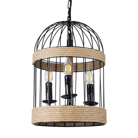 MERLIN  Vintage Κρεμαστό Φωτιστικό Πλέγμα Τρίφωτο 3 x E14 IP20 Μαύρο Μέταλλο με Μπεζ Σχοινί - Μ28 x Π28 x Υ40cm