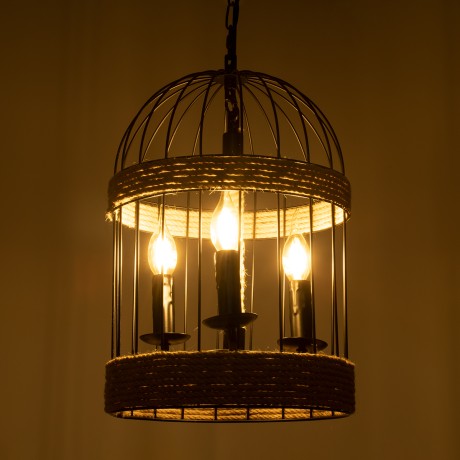 MERLIN  Vintage Κρεμαστό Φωτιστικό Πλέγμα Τρίφωτο 3 x E14 IP20 Μαύρο Μέταλλο με Μπεζ Σχοινί - Μ28 x Π28 x Υ40cm