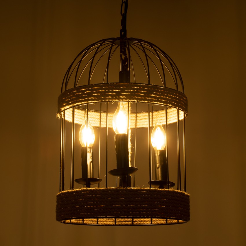 MERLIN  Vintage Κρεμαστό Φωτιστικό Πλέγμα Τρίφωτο 3 x E14 IP20 Μαύρο Μέταλλο με Μπεζ Σχοινί - Μ28 x Π28 x Υ40cm