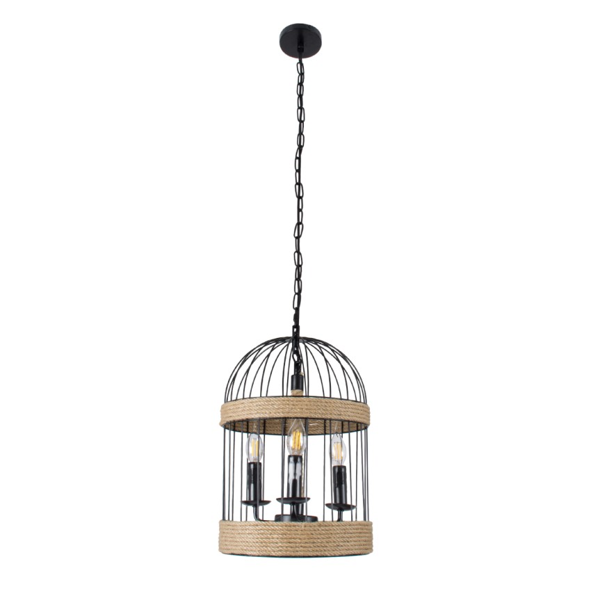 MERLIN  Vintage Κρεμαστό Φωτιστικό Πλέγμα Τρίφωτο 3 x E14 IP20 Μαύρο Μέταλλο με Μπεζ Σχοινί - Μ28 x Π28 x Υ40cm