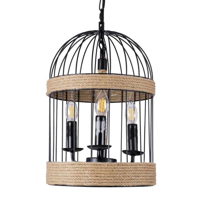 MERLIN  Vintage Κρεμαστό Φωτιστικό Πλέγμα Τρίφωτο 3 x E14 IP20 Μαύρο Μέταλλο με Μπεζ Σχοινί - Μ28 x Π28 x Υ40cm