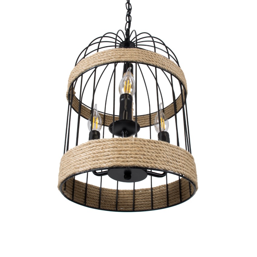 MERLIN  Vintage Κρεμαστό Φωτιστικό Πλέγμα Τρίφωτο 3 x E14 IP20 Μαύρο Μέταλλο με Μπεζ Σχοινί - Μ28 x Π28 x Υ40cm