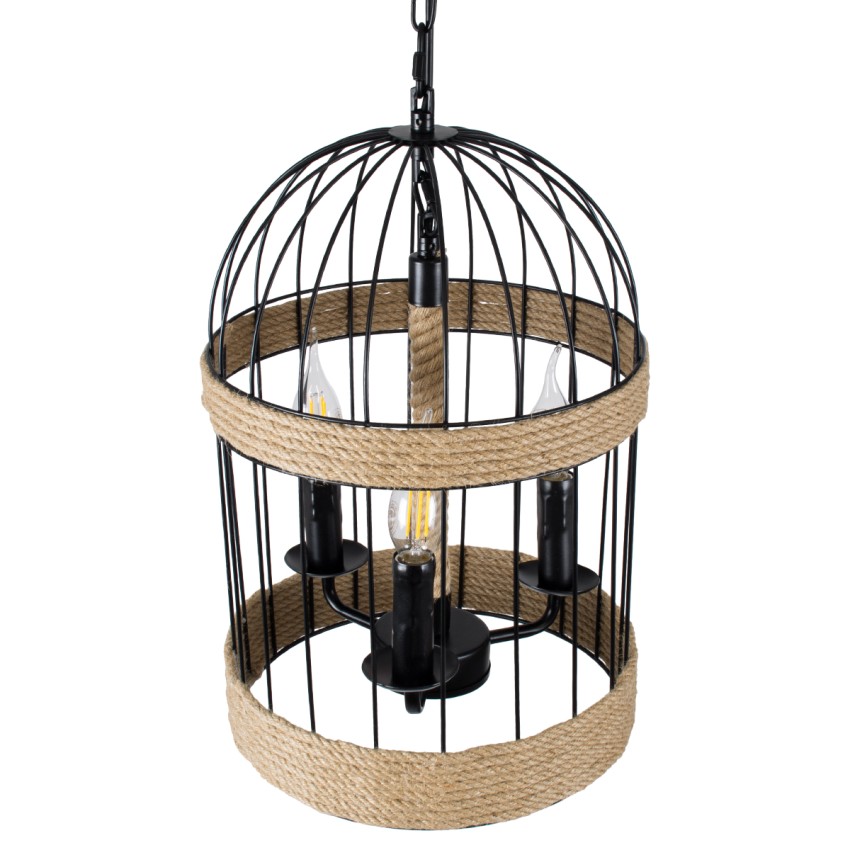 MERLIN  Vintage Κρεμαστό Φωτιστικό Πλέγμα Τρίφωτο 3 x E14 IP20 Μαύρο Μέταλλο με Μπεζ Σχοινί - Μ28 x Π28 x Υ40cm