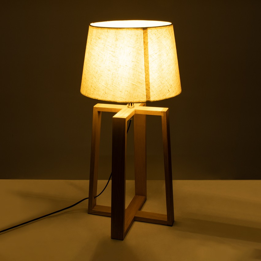 SQUID  Μοντέρνο Επιτραπέζιο Φωτιστικό Πορτατίφ Μονόφωτο 1 x E27 Ξύλινο με Μπεζ Καπέλο Φ30 x Υ63cm