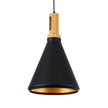 CALYPSO  Μοντέρνο Κρεμαστό Φωτιστικό Καμπάνα Μονόφωτο 1 x E27 IP20 Μαύρο & Χρυσό Μέταλλο με Μπεζ Ξύλο - Μ25 x Π25 x Υ40cm