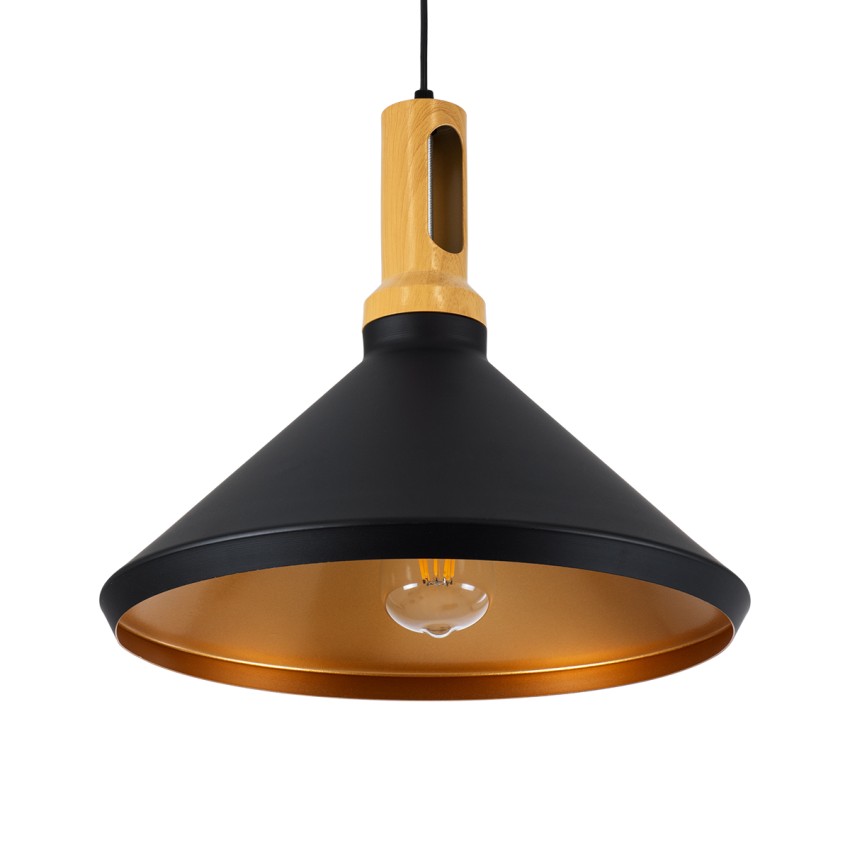 CALYPSO  Μοντέρνο Κρεμαστό Φωτιστικό Καμπάνα Μονόφωτο 1 x E27 IP20 Μαύρο & Χρυσό Μέταλλο με Μπεζ Ξύλο - Μ36 x Π36 x Υ30cm