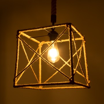 POLISHED  Vintage Κρεμαστό Φωτιστικό Πλέγμα Μονόφωτο 1 x E27 IP20 Μαύρο Μέταλλο με Μπεζ Σχοινί - Μ30 x Π28 x Υ30cm