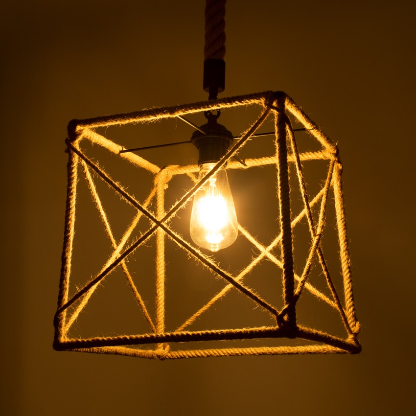 POLISHED  Vintage Κρεμαστό Φωτιστικό Πλέγμα Μονόφωτο 1 x E27 IP20 Μαύρο Μέταλλο με Μπεζ Σχοινί - Μ30 x Π28 x Υ30cm