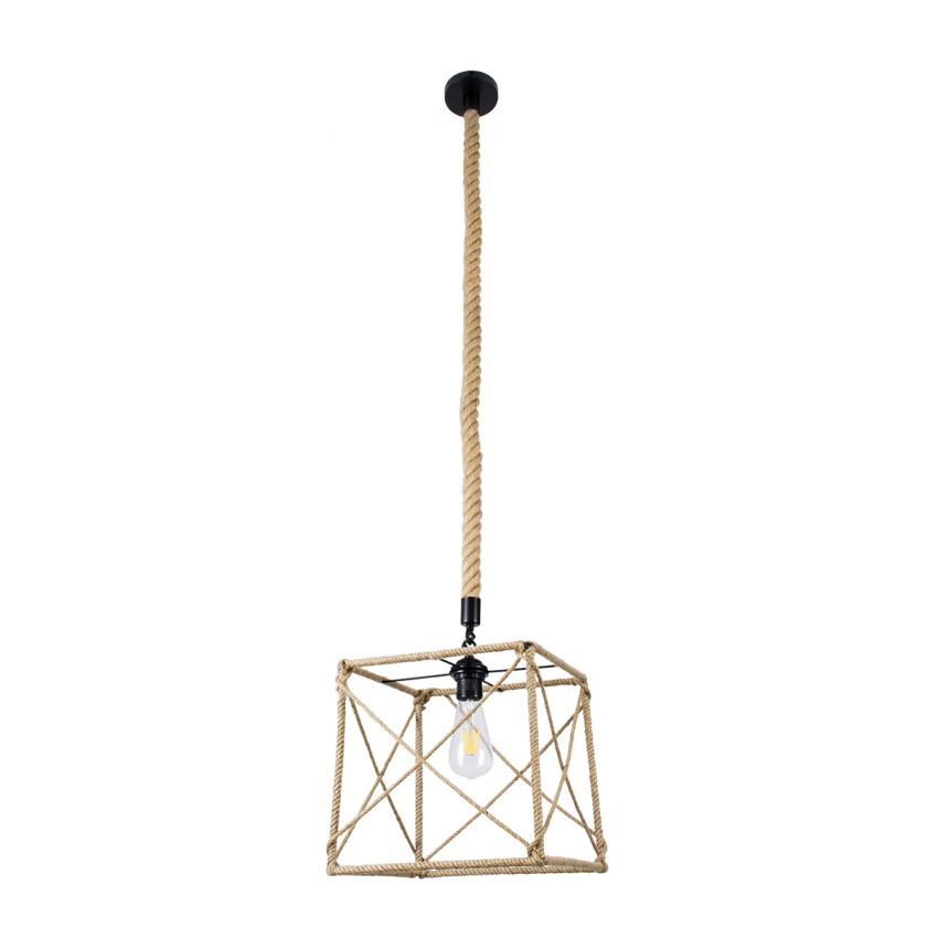 POLISHED  Vintage Κρεμαστό Φωτιστικό Πλέγμα Μονόφωτο 1 x E27 IP20 Μαύρο Μέταλλο με Μπεζ Σχοινί - Μ30 x Π28 x Υ30cm