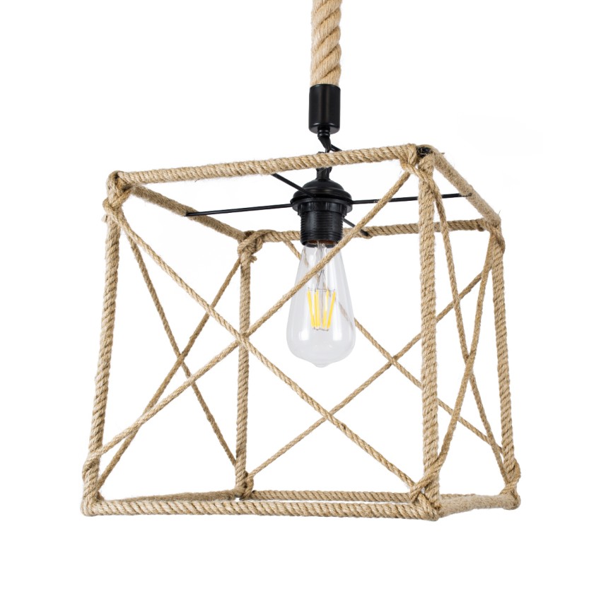 POLISHED  Vintage Κρεμαστό Φωτιστικό Πλέγμα Μονόφωτο 1 x E27 IP20 Μαύρο Μέταλλο με Μπεζ Σχοινί - Μ30 x Π28 x Υ30cm