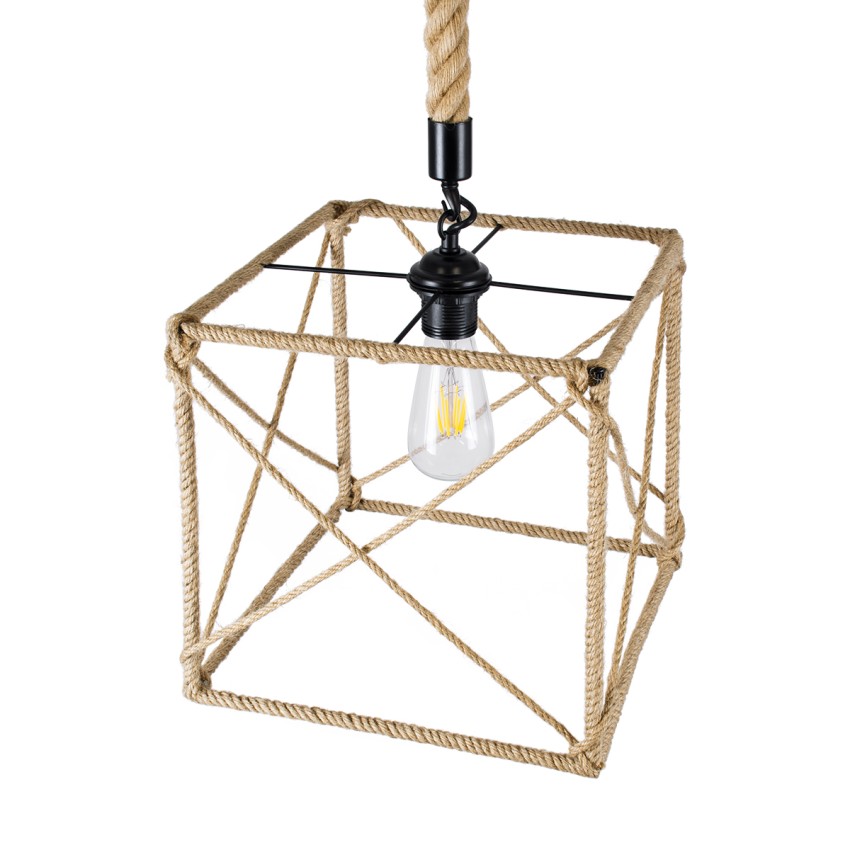 POLISHED  Vintage Κρεμαστό Φωτιστικό Πλέγμα Μονόφωτο 1 x E27 IP20 Μαύρο Μέταλλο με Μπεζ Σχοινί - Μ30 x Π28 x Υ30cm