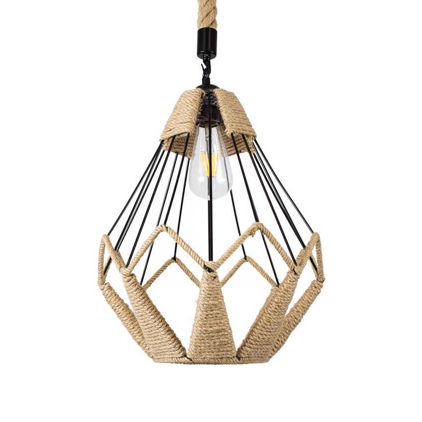 CONICAL  Vintage Κρεμαστό Φωτιστικό Πλέγμα Μονόφωτο 1 x E27 IP20 Μαύρο Μέταλλο με Μπεζ Σχοινί - Μ30 x Π30 x Υ40cm