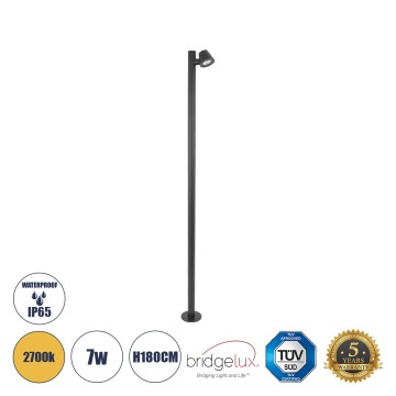 GARDENIA  Φωτιστικό Κήπου - Πάρκου - Πλατείας - Κολωνάκι Αρχιτεκτονικού Φωτισμού Εξωτερικού Χώρου LED 7W 700lm 60° AC220-240V Αδιάβροχο IP65 - Σώμα Αλουμινίου & Tempered Glass - Μ15 x Π18 x Υ180cm - Θερμό Λευκό 2700K - Γκρι Ανθρακί - Bridgelux Chip