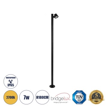 GARDENIA  Φωτιστικό Κήπου - Πάρκου - Πλατείας - Κολωνάκι Αρχιτεκτονικού Φωτισμού Εξωτερικού Χώρου LED 7W 700lm 60° AC220-240V Αδιάβροχο IP65 - Σώμα Αλουμινίου & Tempered Glass - Μ15 x Π18 x Υ180cm - Θερμό Λευκό 2700K - Μαύρο - Bridgelux Chip