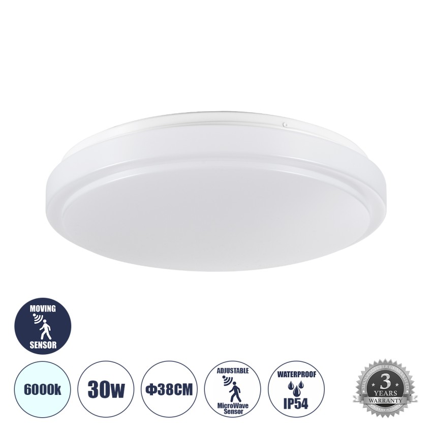 SENSORANO  Πλαφονιέρα Οροφής LED 30W 3000lm 120° AC 220-240V με Ενσωματωμένο Σύστημα Ρυθμιζόμενου Microwave Αισθητήρα Κίνησης - Αδιάβροχη IP54 Φ38 x Υ5.3cm Ψυχρό Λευκό 6000K - Λευκό - Bridgelux Chips