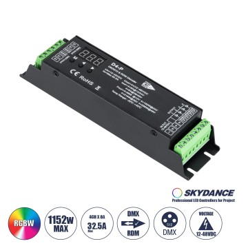 D4-P SKYDANCE DC DMX & RDM Dimmer High Speed Controller / Decoder 4 Καναλιών DC 12-48V 4 x 8A 384W - Max 32.5A 1152W - IP20 Μ17.5 x Π4.5 x Υ2.8cm