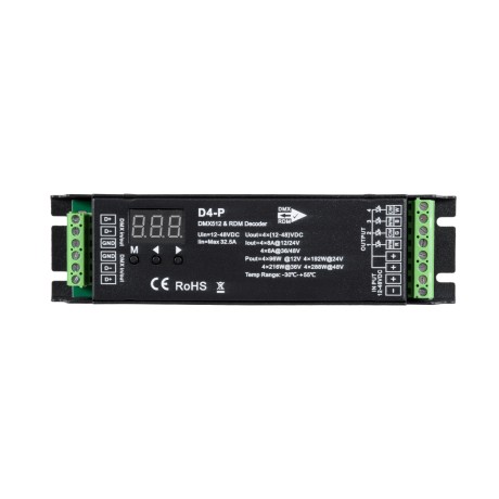 GLOBOSTAR® SKYDANCE-D4-P  DC DMX Master Dimmer / Controller / Decoder Υψηλής Ταχύτητας με 4 x 8A 384W Κανάλια 12-48V 32.5A 1152W Max IP20 - DMX512 & RDM - Μ17.5 x Π4.5 x Υ2.8cm