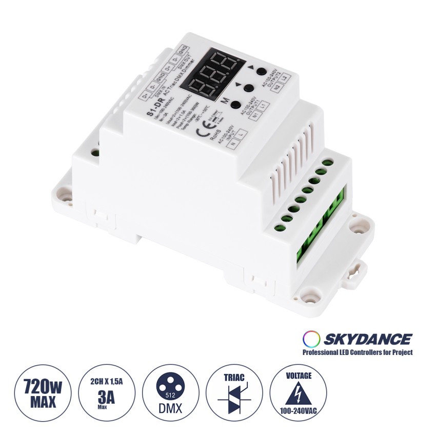 GLOBOSTAR® SKYDANCE-S1-DR  AC Trailing Edge DMX Dimmer Ράγας με 2 x 1.5A 360W Κανάλια AC 220-240V 3A 720W Max IP20 - DMX512 & RDM - Μ11.5 x Π5 x Υ6.5cm