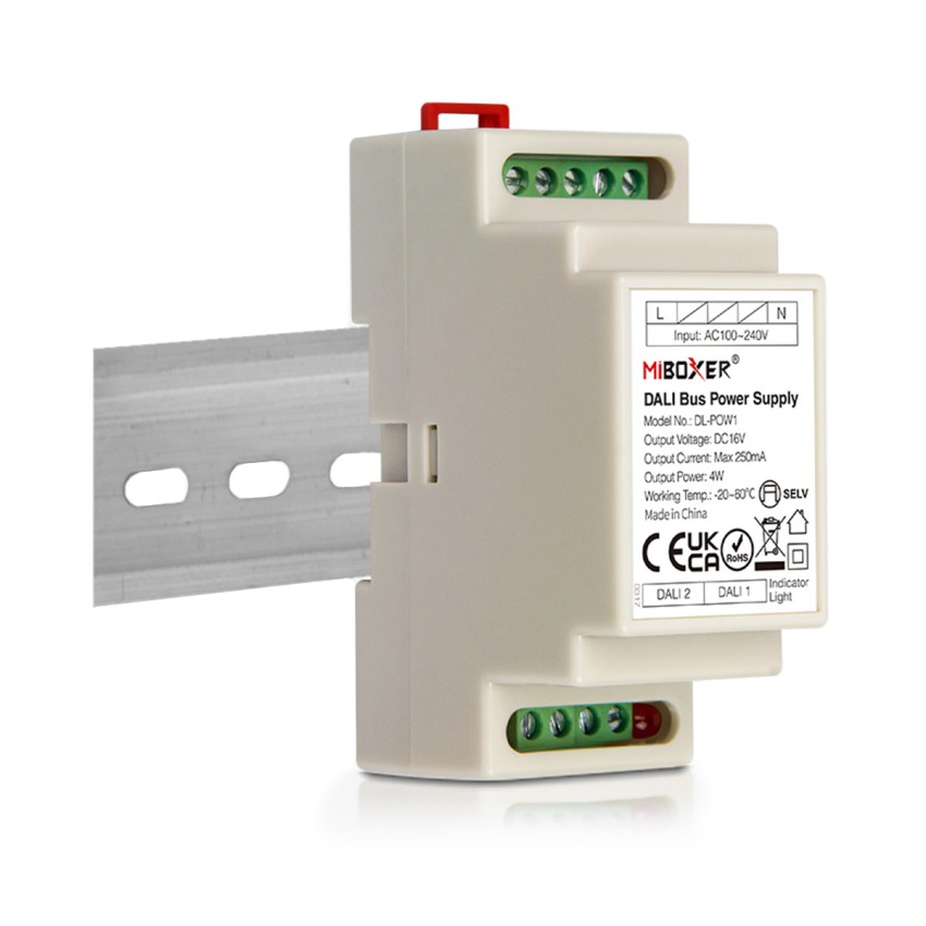 GLOBOSTAR® MiBOXER-DL-POW1  DC DALI BUS Τροφοδοτικό/Μετασχηματιστής SELV Ράγας με 2 x 125mA 2W Κανάλια AC 220-240V σε DC 16V 250mA 4W Max IP20 - DALI BUS - Μ9 x Π3.4 x Υ6cm