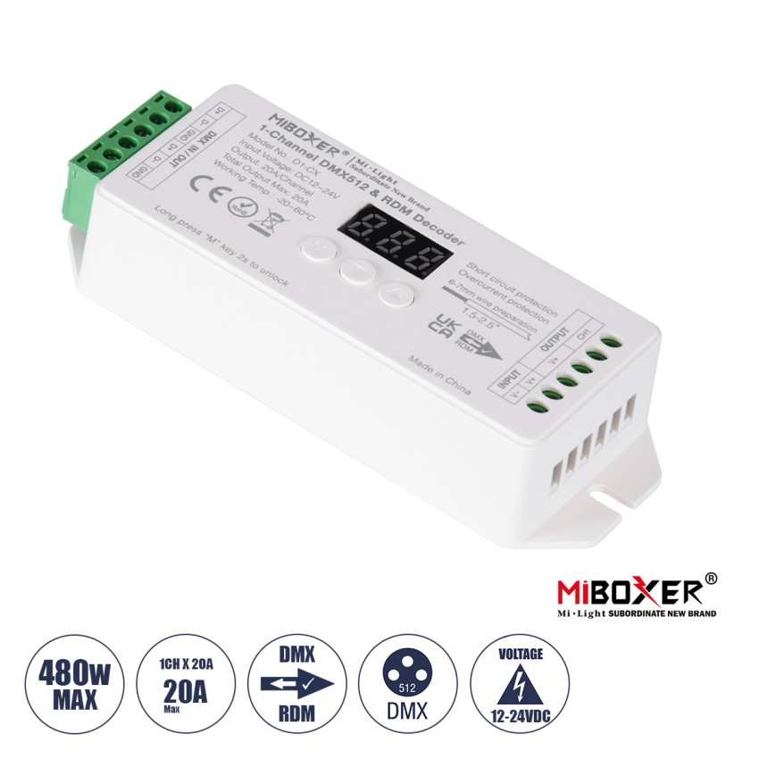 D1-CX Mi-BOXER DC DMX & RDM Dimmer High Speed Controller / Decoder 1 Καναλιού DC 12-24V 1 x 20A 480W - Max 20A 480W - IP20 Μ13 x Π5 x Υ2.5cm