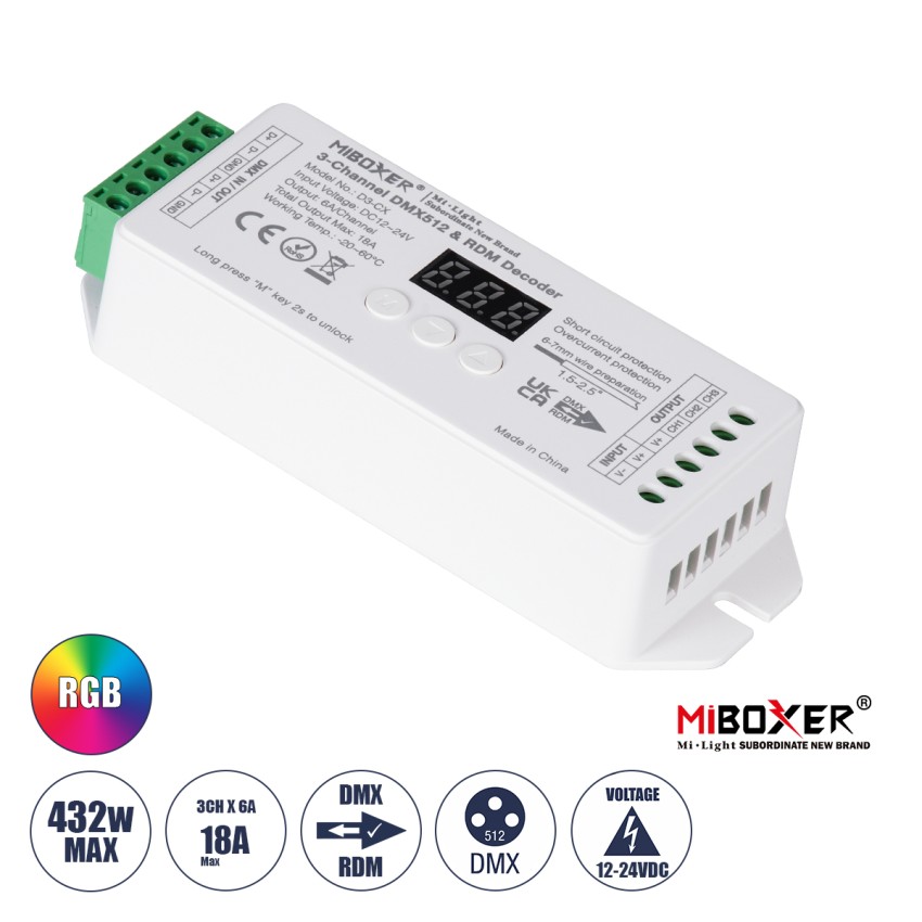 D3-CX Mi-BOXER DC DMX & RDM Dimmer High Speed Controller / Decoder 3 Καναλιών DC 12-24V 3 x 6A 144W - Max 18A 432W - IP20 Μ13 x Π5 x Υ2.5cm