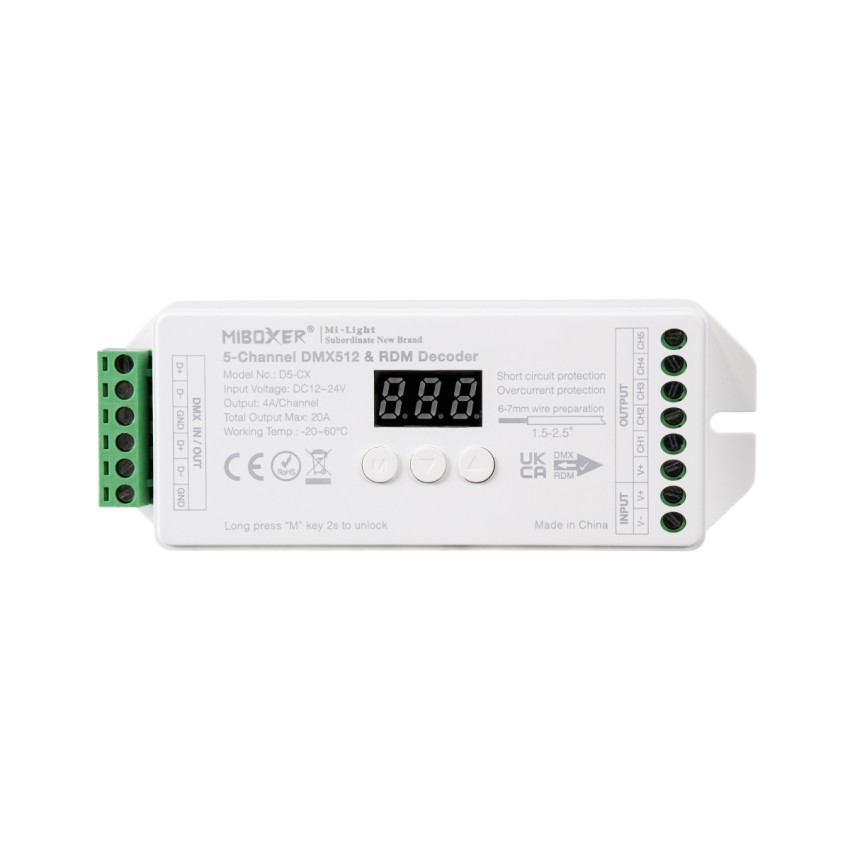 D5-CX Mi-BOXER DC DMX & RDM Dimmer High Speed Controller / Decoder 5 Καναλιών DC 12-24V 5 x 4A 96W - Max 20A 480W - IP20 Μ13 x Π5 x Υ2.5cm