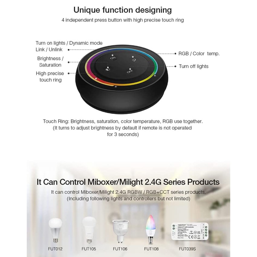 S2-B Mi-Light Ασύρματο Χειριστήριο Αφής RF 2.4Ghz για όλα τα RGBW+WW Mi-BOXER Controller DC 3V 2 x AAA - IP20 Μαύρο Φ7 x Υ2.5cm