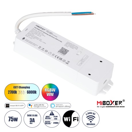 WL5-P75V24 Mi-BOXER DC Smart Wifi & RF 2.4Ghz Power Supply Τροφοδοτικό SELV & Controller / Dimmer All in One 5 Καναλιών AC100-240V σε DC 24V 5 x 0.6A 14.4W - Max 3A 75W - IP20 RGBW+WW Μ19 x Π5.5 x Υ3.2cm