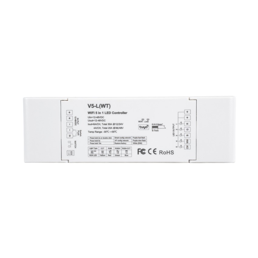 V5-L SKYDANCE DC WiFi & RF 2.4Ghz Dimmer High Speed Controller 5 Καναλιών DC 12-48V 5 x 6A 288W - Max 30A 1440W - IP20 Μ18 x Π5.7 x Υ2.8cm