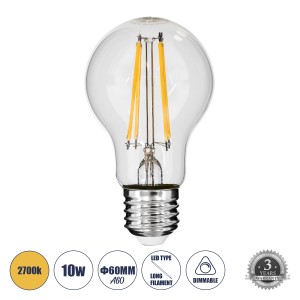 Λάμπα LED Long Filament E27 A60 Γλόμπος 10W 1000lm 360° AC 220-240V IP20 Φ6 x Υ10.5cm Θερμό Λευκό 2700K με Διάφανο Γυαλί - Dimmable