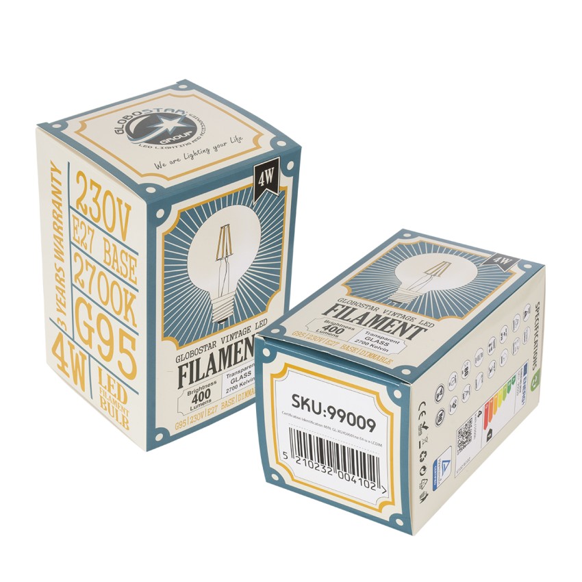 Λάμπα LED Long Filament E27 G95 Γλόμπος 4W 400lm 360° AC 220-240V IP20 Φ9.5 x Υ13.5cm Θερμό Λευκό 2700K με Διάφανο Γυαλί - Dimmable