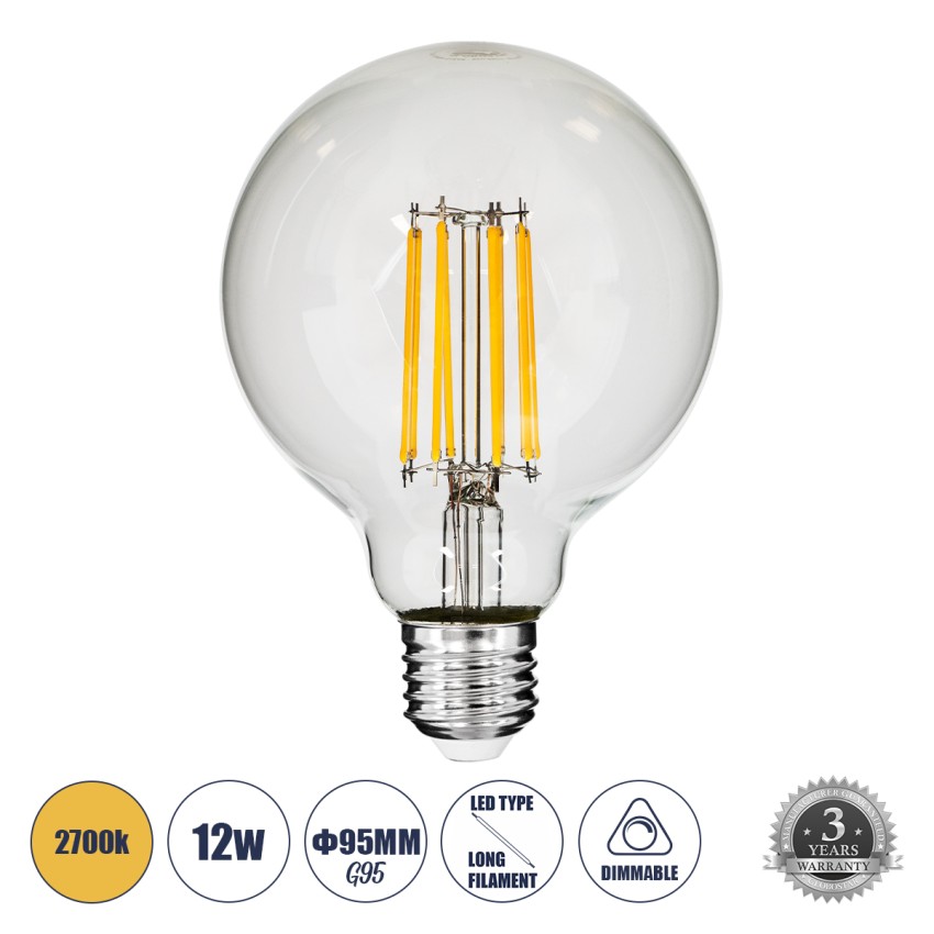 Λάμπα LED Long Filament E27 G95 Γλόμπος 12W 1200lm 360° AC 220-240V IP20 Φ9.5 x Υ13.5cm Θερμό Λευκό 2700K με Διάφανο Γυαλί - Dimmable