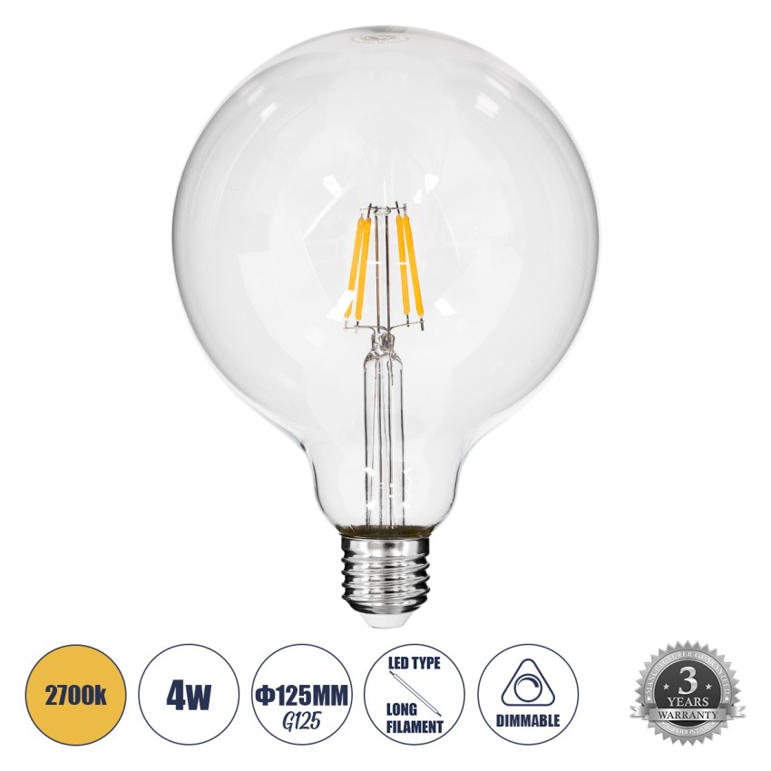 Λάμπα LED Long Filament E27 G125 Γλόμπος 4W 400lm 360° AC 220-240V IP20 Φ12.5 x Υ18cm Θερμό Λευκό 2700K με Διάφανο Γυαλί - Dimmable