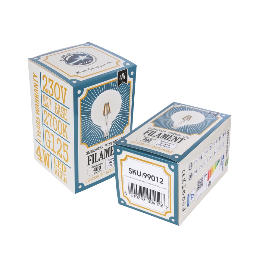 Λάμπα LED Long Filament E27 G125 Γλόμπος 4W 400lm 360° AC 220-240V IP20 Φ12.5 x Υ18cm Θερμό Λευκό 2700K με Διάφανο Γυαλί - Dimmable