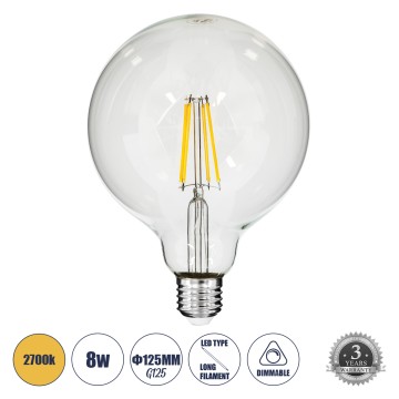 Λάμπα LED Long Filament E27 G125 Γλόμπος 8W 800lm 360° AC 220-240V IP20 Φ12.5 x Υ18cm Θερμό Λευκό 2700K με Διάφανο Γυαλί - Dimmable